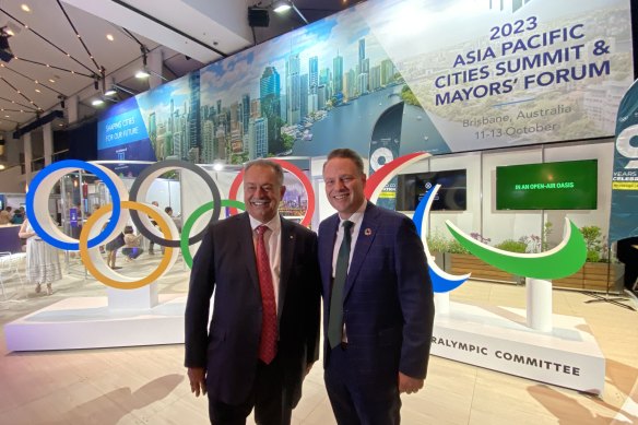 Lord Mayor Adrian Schrinner (right)  with Andrew Liveris, president of the Brisbane Organising Committee for the 2032 Olympic Games.