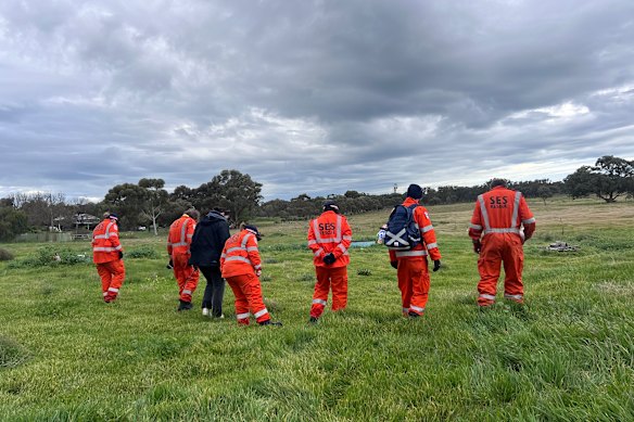 SES members combed through paddocks in Donald near Woods Street, near where remains believed to be those of Layla Jeffreys were found.