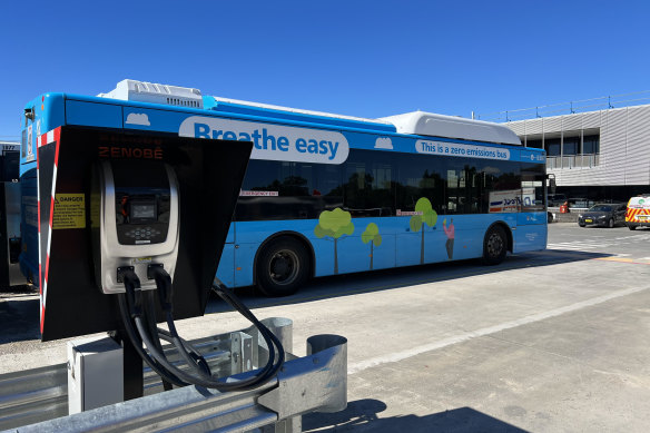 An electric bus charging system at Leichhardt depot in Sydney’s inner west.