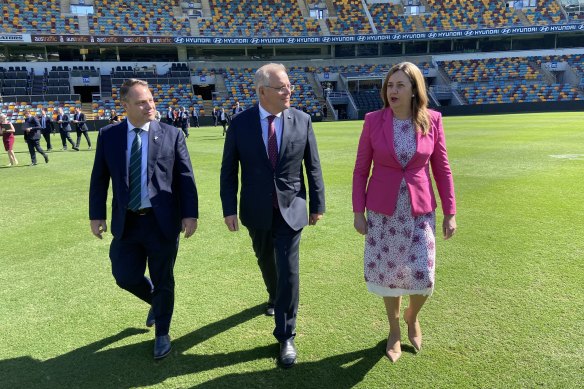 Lord mayor Adrian Schrinner, Prime Minister Scott Morrison and Premier Annastacia Palaszczuk at the Gabba to sign the SEQ City Deal.