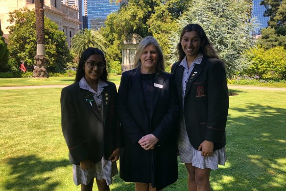 Mac.Robertson Girls’ High School student Krishna Rajasingam-Roshan, Principal Sue Harrap, and school captain Alexa Kalathoo