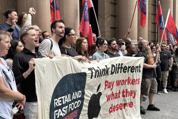 Workers on strike outside the Apple store in Brisbane’s CBD on Tuesday, It was part of nationwide industrial action.