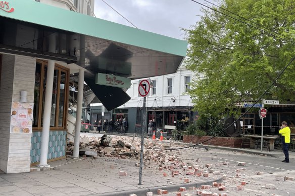 Betty’s Burgers in Chapel Street, Prahran, partly collapsed after an earthquake in Melbourne on September 22, 2021.