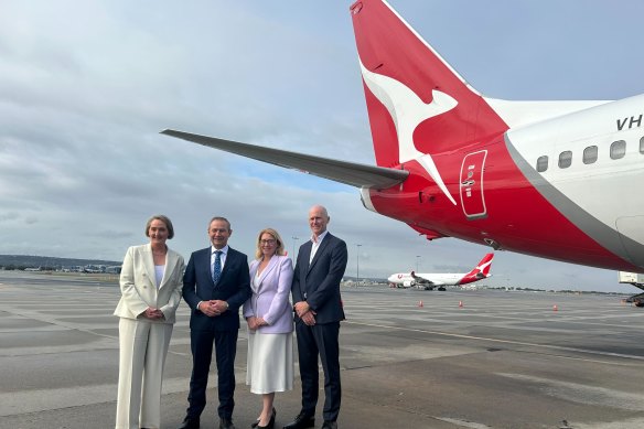 Qantas chief executive Vanessa Hudson, WA Premier Roger Cook and Tourism Minister Rita Saffioti, Perth Airport chief executive Jason Waters.