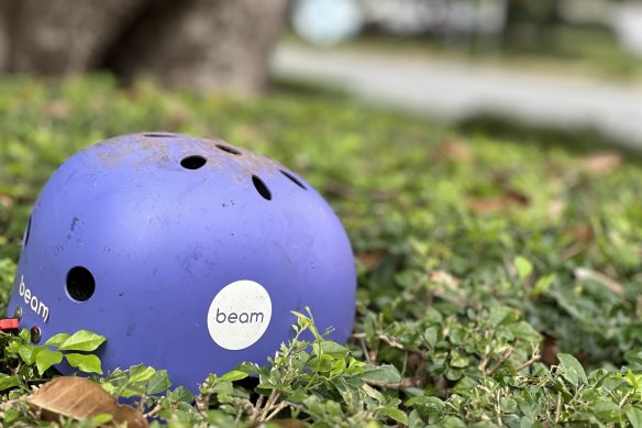 An e-scooter helmet abandoned in Centenary Park this week.