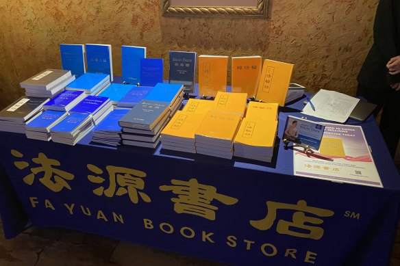 Zhuan Falun, the group’s main text, on offer in the Capitol Theatre in 2024.