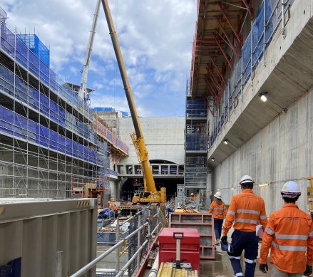 Boggo Road’s Cross River Rail station under construction in February 2023.
Train services will now not run until first quarter of 2026.