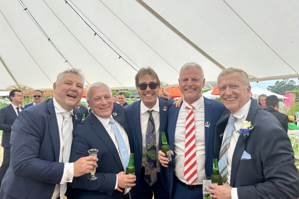 “When you go to the racetrack and your horse wins, it doesn’t matter whether you’ve got 0.5 per cent or 100 per cent ownership in the horse, you get the same enjoyment and exhilaration either way,” Mark Lowe (second from the right) says.