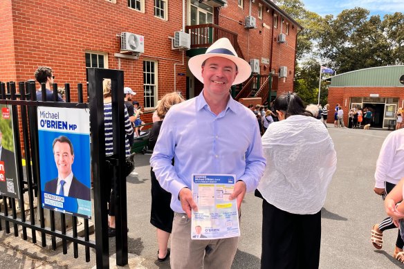 Former opposition leader Michael O’Brien campaigning in Malvern. It’s unclear whether he will try to regain the leadership of the party.