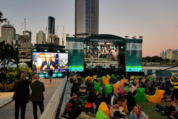 Crowds at South Bank, Brisbane, gather to hear the IOC’s decision.