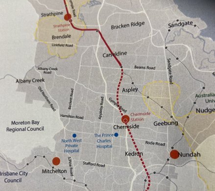 There would be an underground rail station at Chermside if a proposed 9.5km rail corridor from Exhibition line to Carseldine was approved. The red dotted line is the proposed underground rail line. The red full line is a new rail line on the ground from Carseldine to Strathpine.