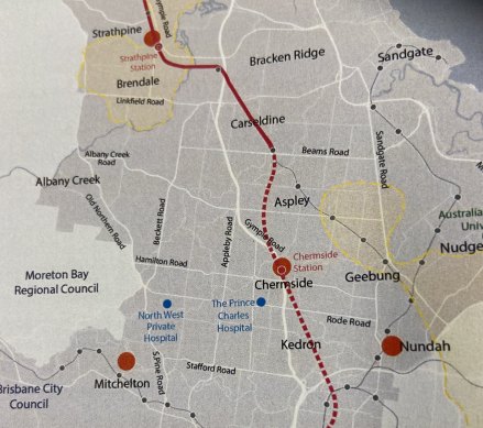 There would be an underground rail station at Chermside if a proposed 9.5km rail corridor from Exhibition line to Carseldine was approved.  The red dotted line is the proposed underground rail line.  The red full line is a new rail line on the ground from Carseldine to Strathpine.