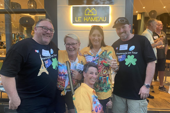 Ready for a World Cup party...(from left) Wallabies fans Scott McKellar, Jacqui Yeo, BJ Fergusson, Kerrie McMaster and Stephen Stone in Paris.