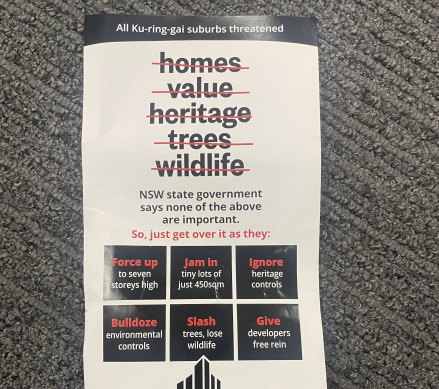 A flyer handed out by the Friends of Ku-ring-gai Environment group about the government’s planned housing changes.
