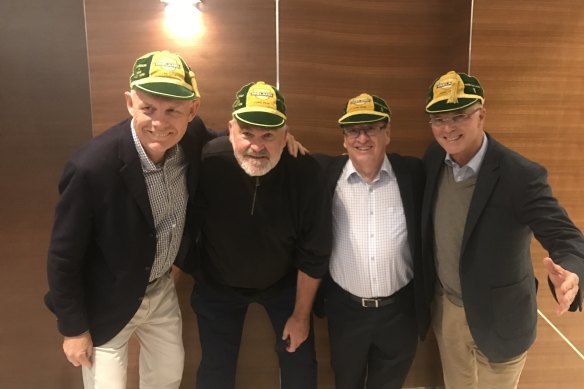 Jim Tucker, Greg Growden, Wayne Smith and Gordon Bray at a rugby function in 2018.