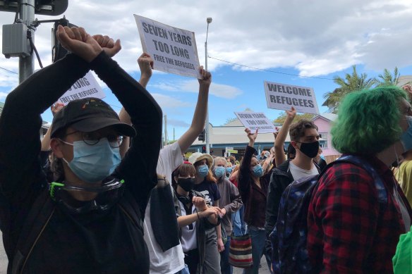 Protesters protest in Kangaroo Point on August 15 last year after their efforts to shutdown the Story Bridge to draw attention to the plight of refugees in a Brisbane hotel were blocked by the Supreme Court.