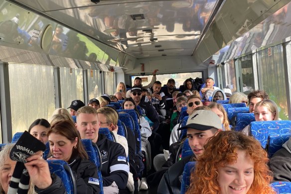AFL Collingwood fans on a bus from Melbourne to Sydney.