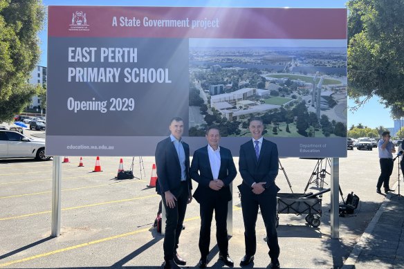 Perth MP and Housing Minister John Carey, Premier Roger Cook and Education Minister Tony Buti at the site of the new East Perth Primary School on Monday.