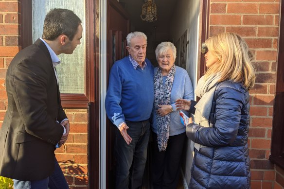 Conservatives Ed Barker and Esther McVey knock on the door of Derby South residents Brian and Barbara Beale.
