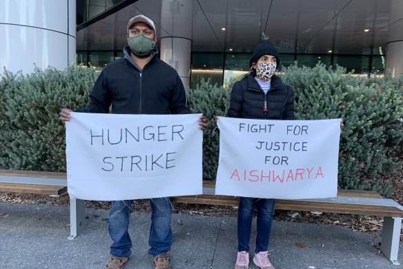 Aishwarya Aswath’s parents outside Perth Children’s Hospital. 