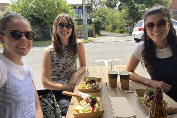 Kate Prowse (right) catches up over lunch with colleagues Sarah Shaw (left) and Chloe Herbert.