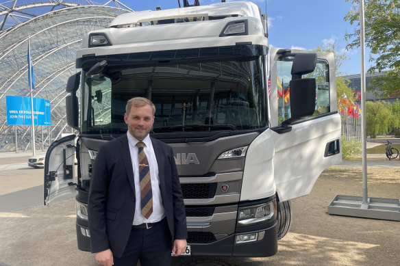 Norway’s transport state secretary Bent-Joacim Bentzen, in front of an electric truck, at the International Transport Forum’s annual summit in Leipzig, Germany. 