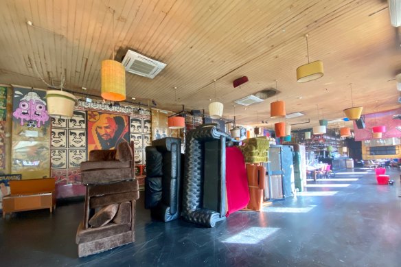 Revolver in a rare moment flooded with light, its notorious couches being packed up for deep cleaning during lockdown.