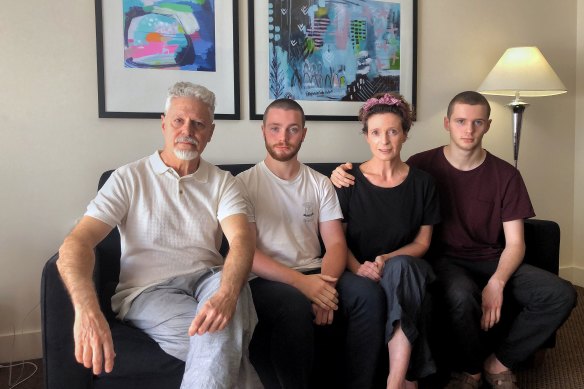 Margaret Crowe with husband Maurizio Cigognetti and sons Thomas Cigognetti and Elliott Cigognetti, who face another two weeks in quarantine. 
