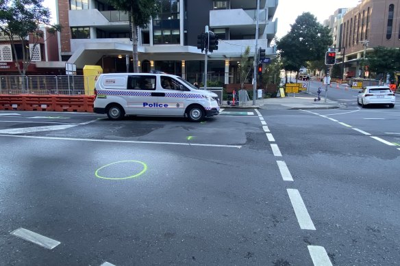 The crash site on Melbourne Street, just before the intersection with Cordelia Street.