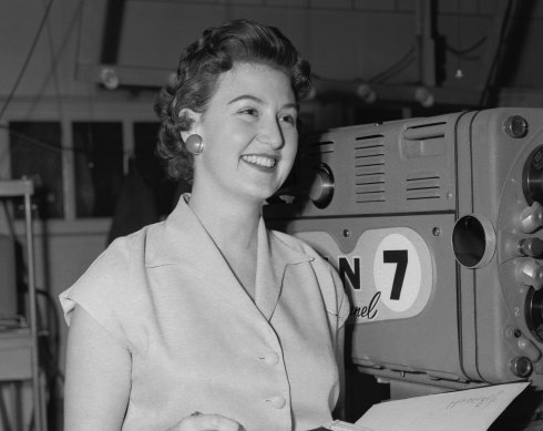 Dawn Dingwall of ATN Seven during filming in the old Sun building, 1956.