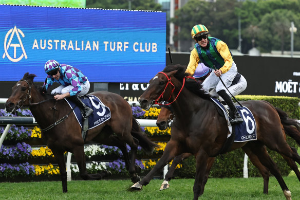 Ceolwulf beats Pride Of Jenni in the King Charles Stakes at Randwick.