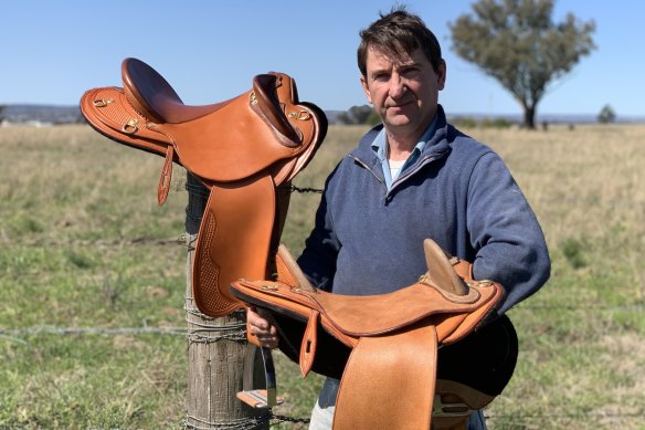 Labour of love: John Lordan on his property outside Dubbo. He’s made about 776 saddles from scratch over the past 40 years.