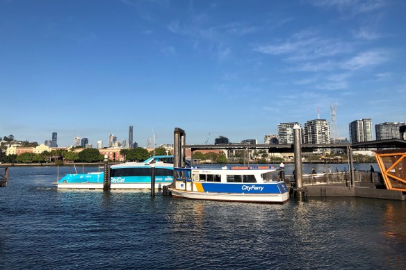 CityCat and CityHopper ferries at the Bulimba terminal, looking across to Teneriffe.
