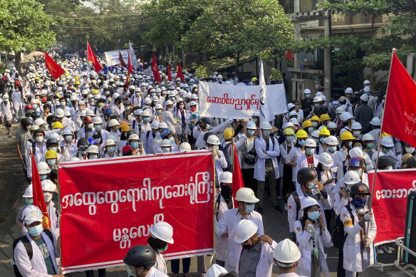 Health and medical students march in Mandalay, the second biggest city in Myanmar, on Sunday.