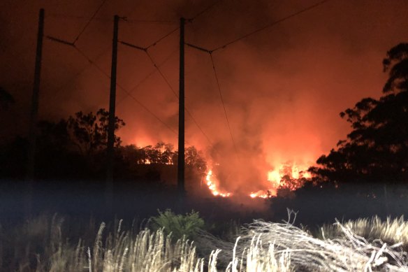 A large fire burning under powerlines near Batemans Bay in early January.