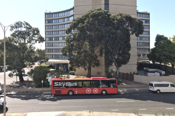 A Skybus outside the Holiday Inn at Melbourne Airport on Wednesday morning.