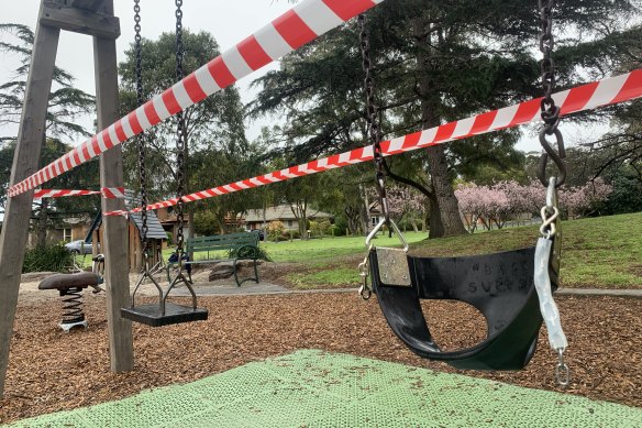 Tape blocks off access to swings at Basterfield Park in Hampton East on Tuesday.