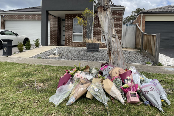 Flowers left outside Celeste Manno's home in Mernda where she was killed in the early hours of Monday morning.