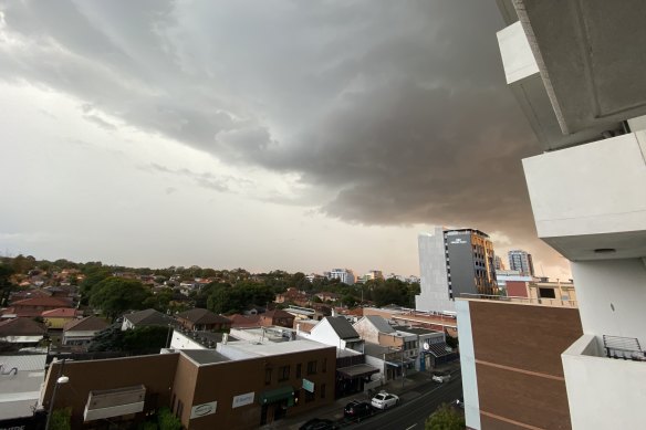 The storm passing over Burwood in Sydney. 