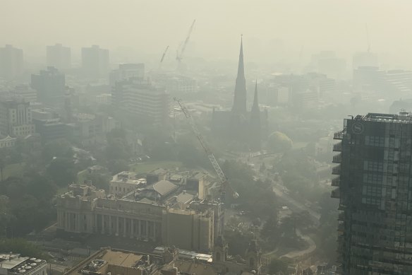The view towards State Parliament and St Patrick's Cathedral from 80 Collins Street. 