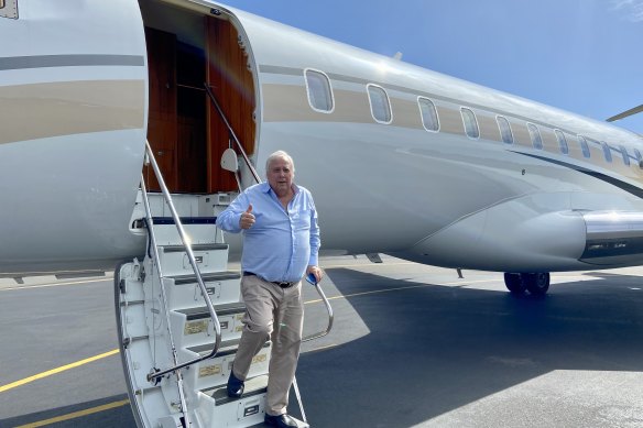 Clive Palmer disembarks from his private jet to campaign for the United Australia Party in Gladstone at last year’s election.