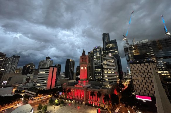 Storm clouds bearing down on Brisbane’s CBD on Tuesday night.