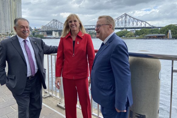 Brisbane 2032 Olympic Games president Andrew Liveris (left), Hook, and International Olympic Committee board member John Coates in Brisbane, where Hook’s role was announced.