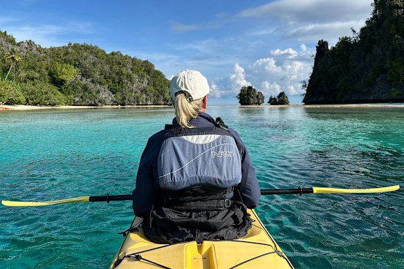 Kayakers set out from the live-aboard yacht, Jakaré.