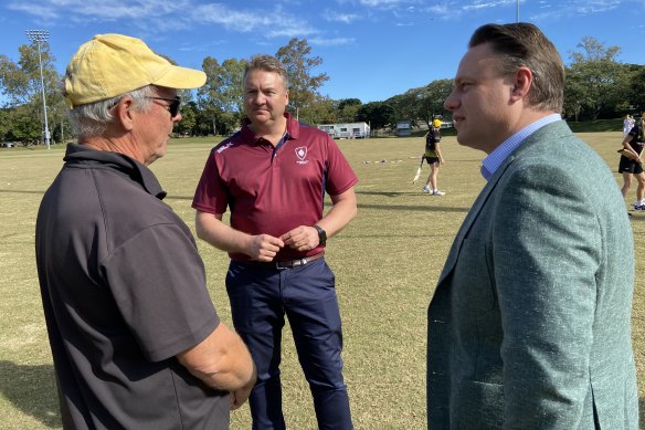 Queensland Cricket chief executive Terry Svenson (centre) with lord mayor Adrian Schrinner (right) and Wests cricket club president Peter Frew at Sunday’s announcement.