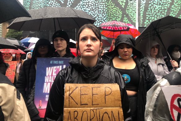 Abortion rights proponents gather at Town Hall on Saturday afternoon.