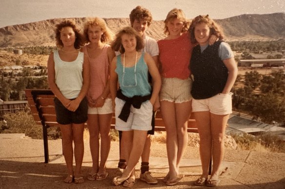 Kate Halfpenny (centre, in blue top) at her year 12 camp in 1984.