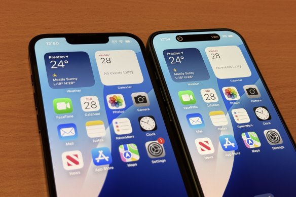The notch is back for the 16e (left), while the regular 16 features the Dynamic Island.