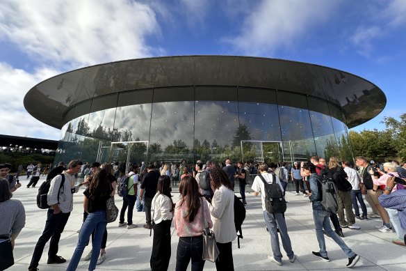 The Steve Jobs Theatre, with its underground stage and view of the nearby Apple campus, was host to media from around the world.