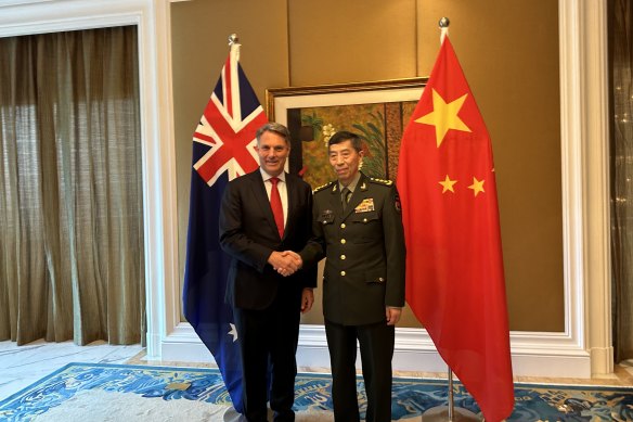 Defence Minister Richard Marles and Chinese counterpart General Li Shangfu at the Shangri La Dialogue. 